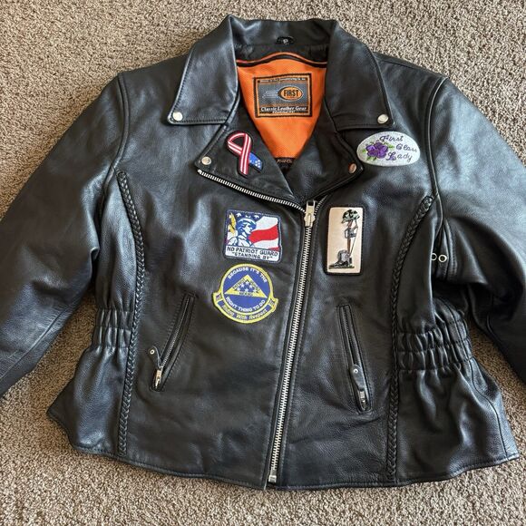 First Classics Leather Gear Women's Motorcycle Biker Jacket Black Liner Patches - Picture 1 of 15